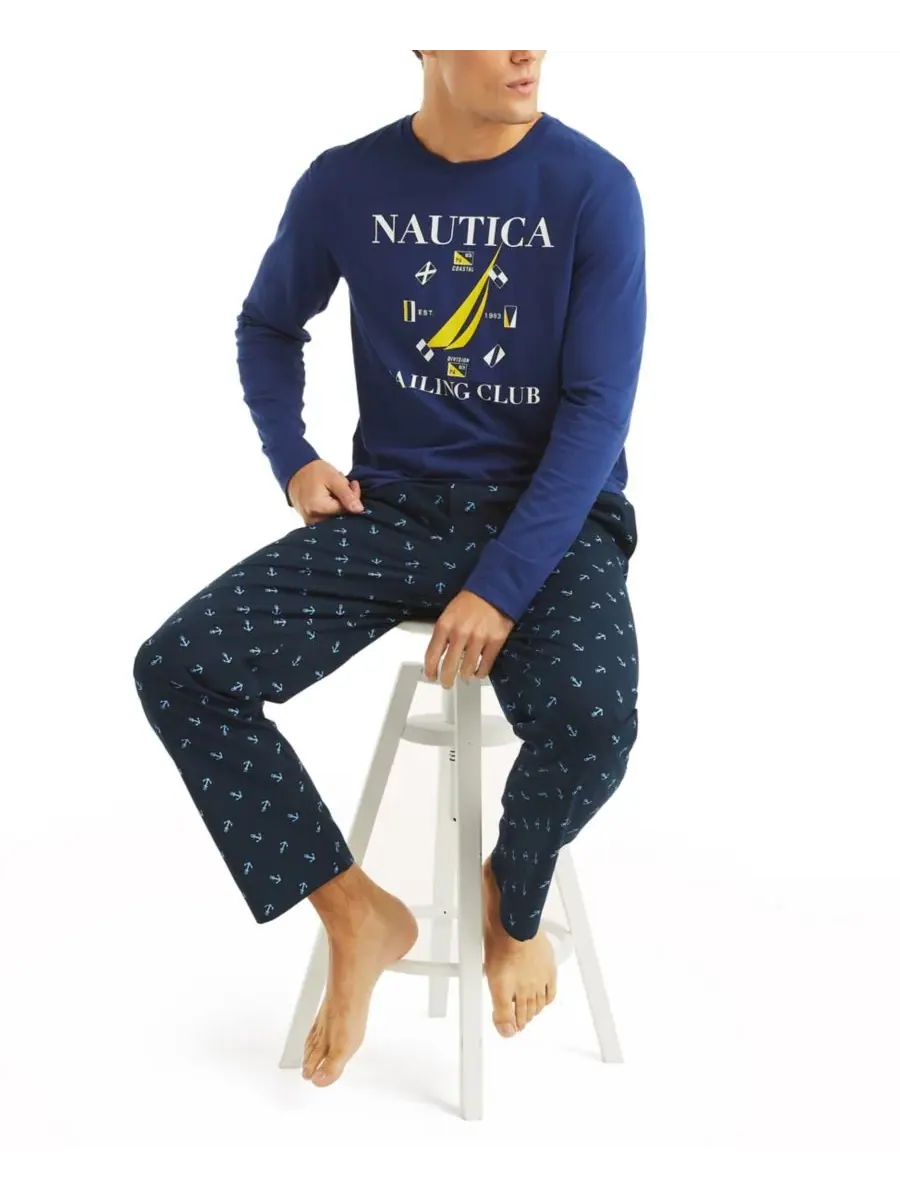 Мужские пижамные штаны из поплина с принтом Nautica — изображение 2 из 4, темно-синий