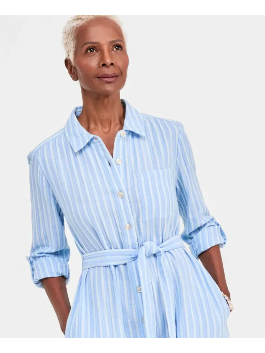 Платье-рубашка с поясом Petite Cotton Belted Shirtdress Style & Co, Pat Stripe Rain — изображение 2 из 3