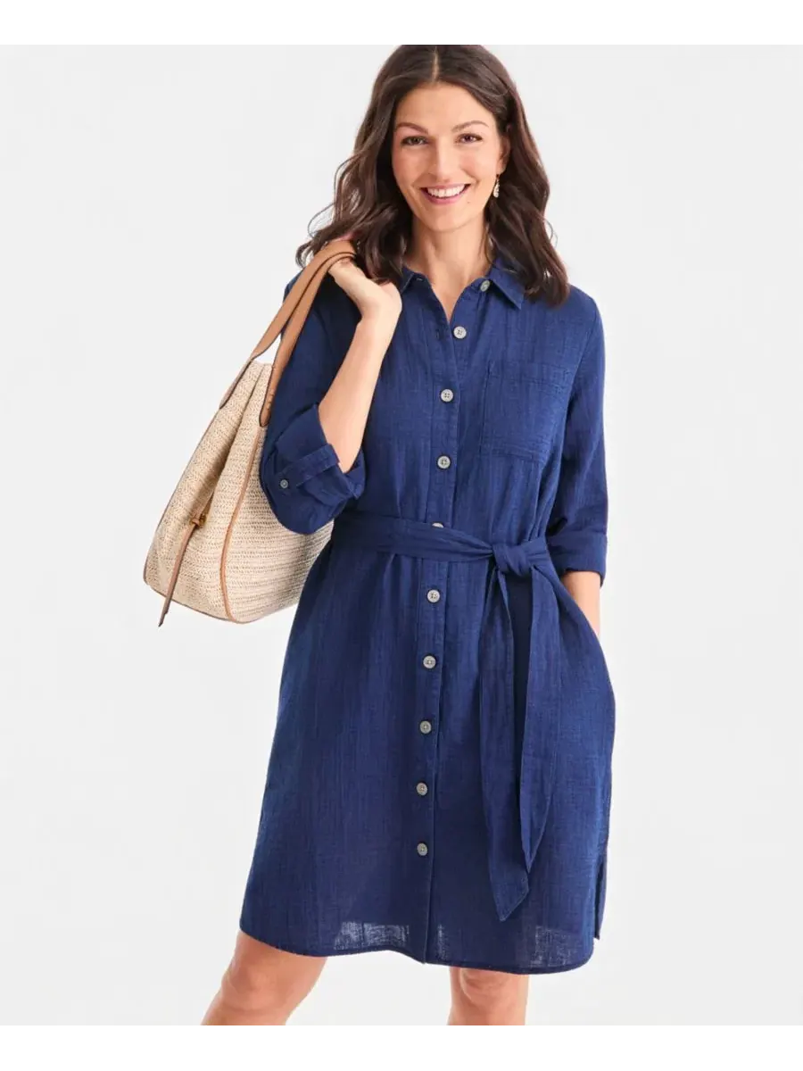 Платье-рубашка с поясом Petite Cotton Belted Shirtdress Style & Co — изображение 2 из 5, индиго