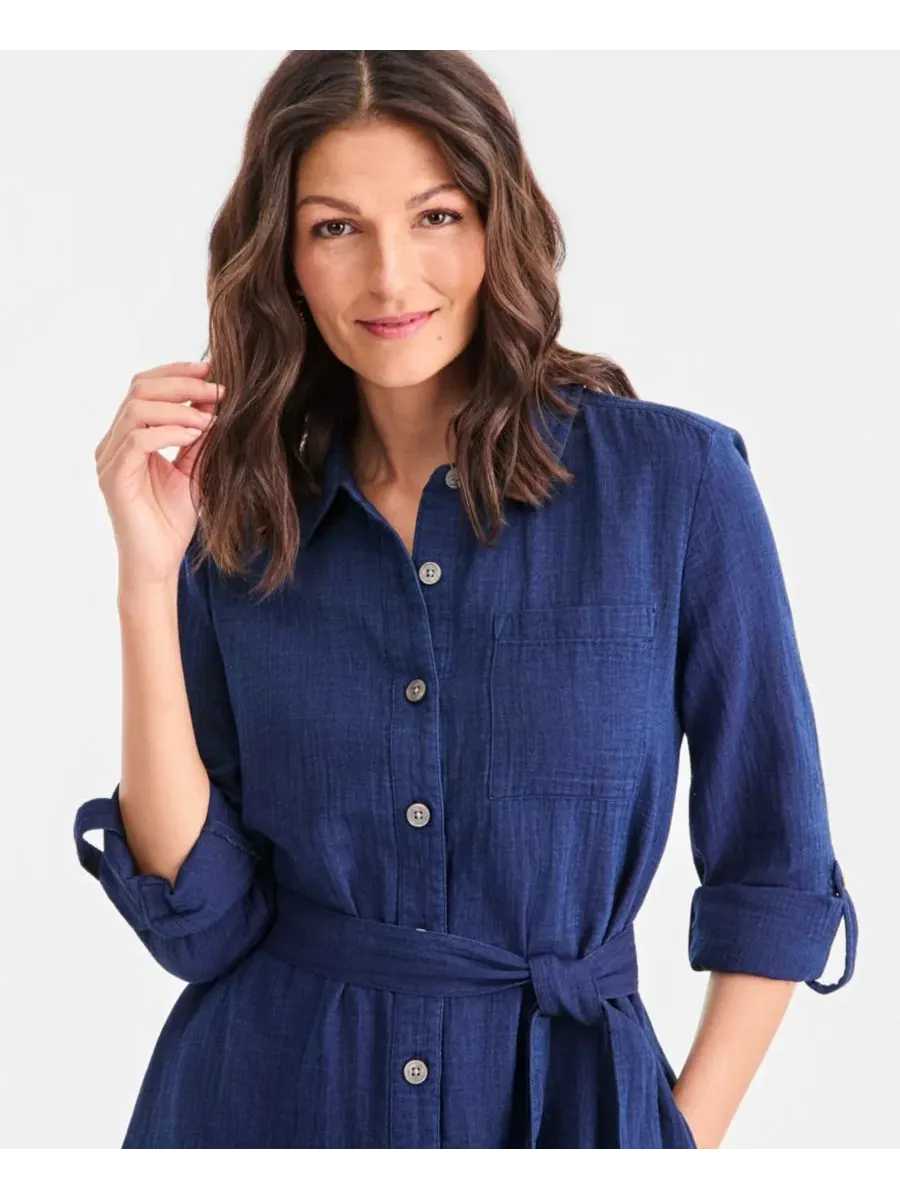 Платье-рубашка с поясом Petite Cotton Belted Shirtdress Style & Co — изображение 4 из 5, индиго