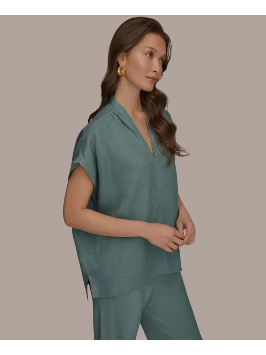 Женская льняная блузка с V-образным вырезом Donna Karan Weekend — изображение 3 из 6, водяная лилия