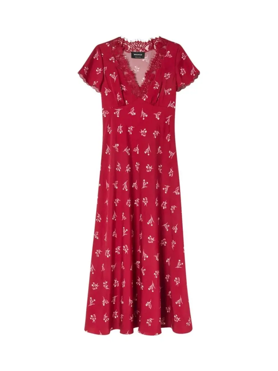 Платье-трапеция с V-образным вырезом Floral Midi Whistles — изображение 7 из 7, бордовый/мульти