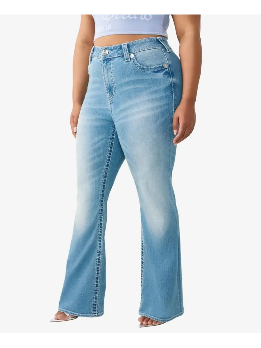 Джинсы-клеш Big T Flap Jeans больших размеров с татуировками от Becca True Religion — изображение 2 из 3, средняя отмывка