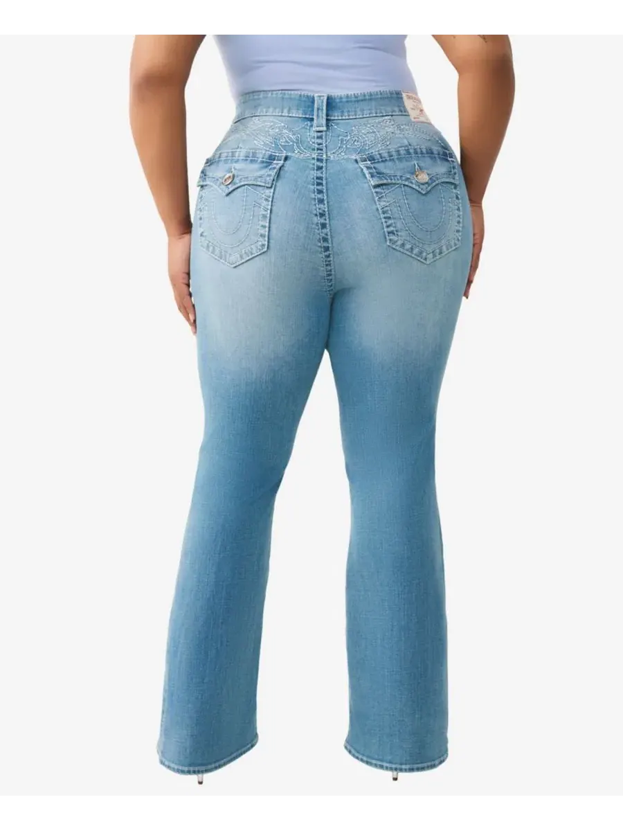 Джинсы-клеш Big T Flap Jeans больших размеров с татуировками от Becca True Religion — изображение 3 из 3, средняя отмывка