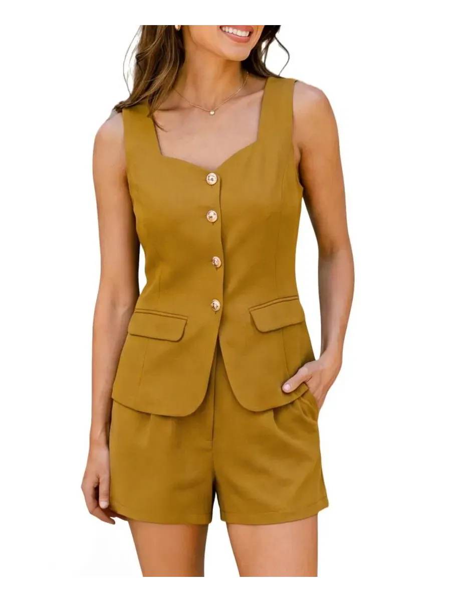 Женский костюм-двойка без рукавов с квадратным вырезом Gentle Tailored Vest Short Co-Ord Cupshe — изображение 1 из 3, желтый