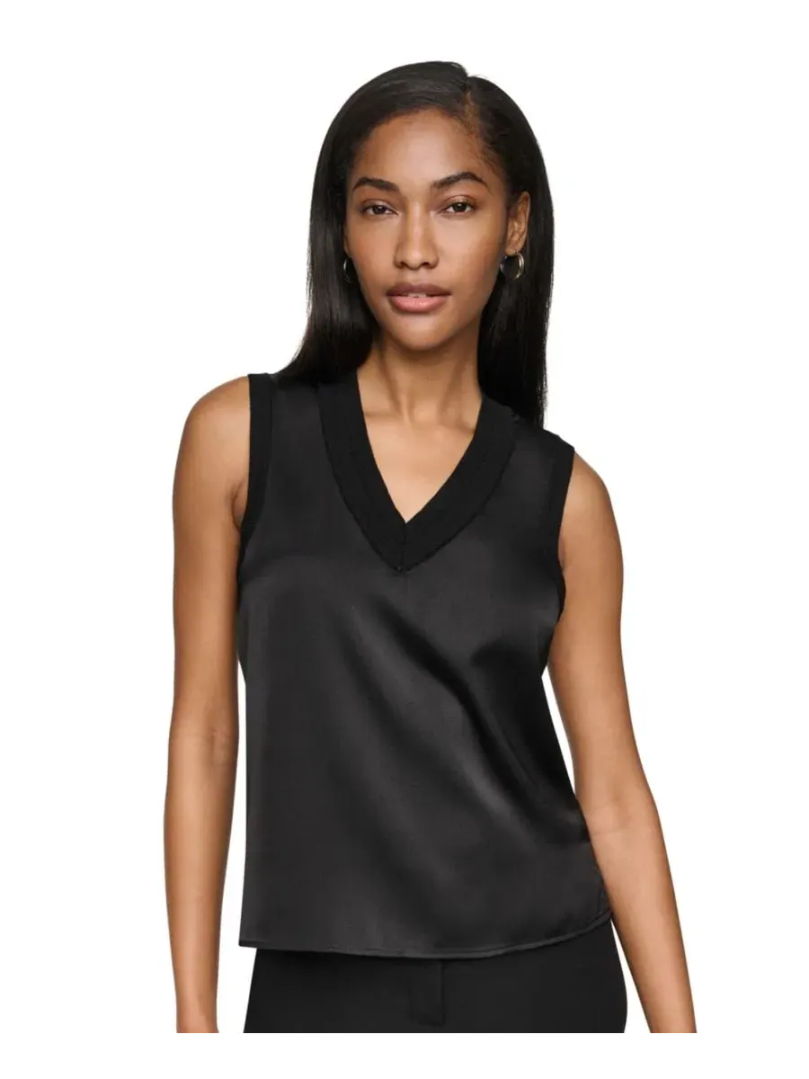 Топ без рукавов Petite Mix Media V-Neck Sleeveless Pull-On Top DKNY — изображение 1 из 7, черный
