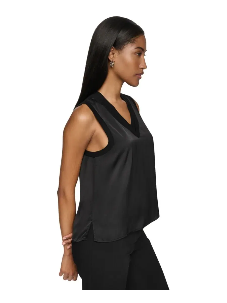 Топ без рукавов Petite Mix Media V-Neck Sleeveless Pull-On Top DKNY — изображение 3 из 7, черный