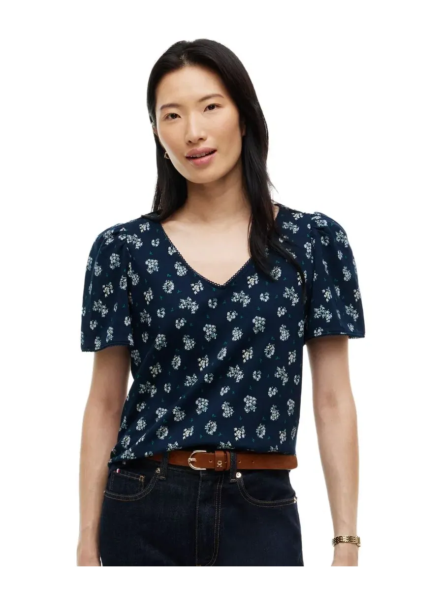 Топ с принтом, с контрастной отделкой и короткими рукавами-фонариками Tommy Hilfiger — изображение 1 из 4, темный синий