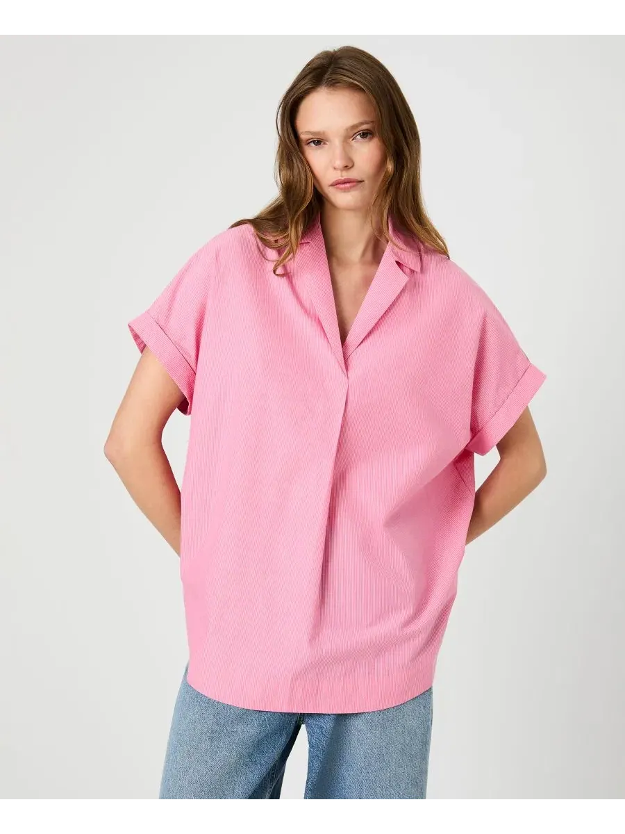 Рубашка-поло с воротником и V-образным вырезом Rhodes Poplin Ticking Striped Popover French — изображение 1 из 6, розовый