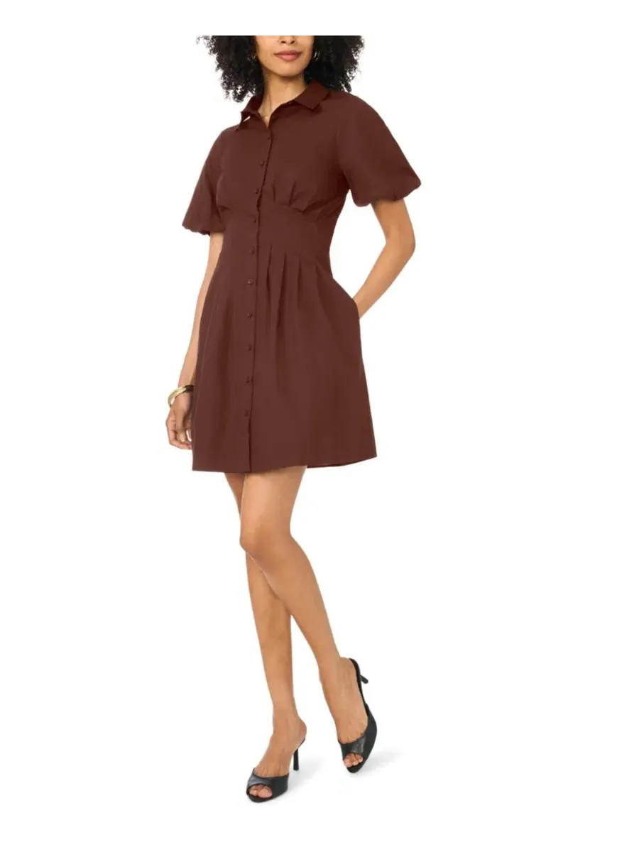 Платье-мини из хлопка с рукавом-фонарик, модель Corset Vince Camuto — изображение 2 из 5, коричневый