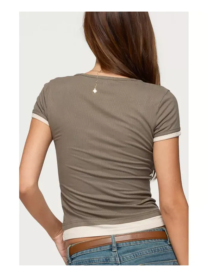 Женская футболка Saige Contrast Layered Ribbed Edikted — изображение 3 из 5, оливковый