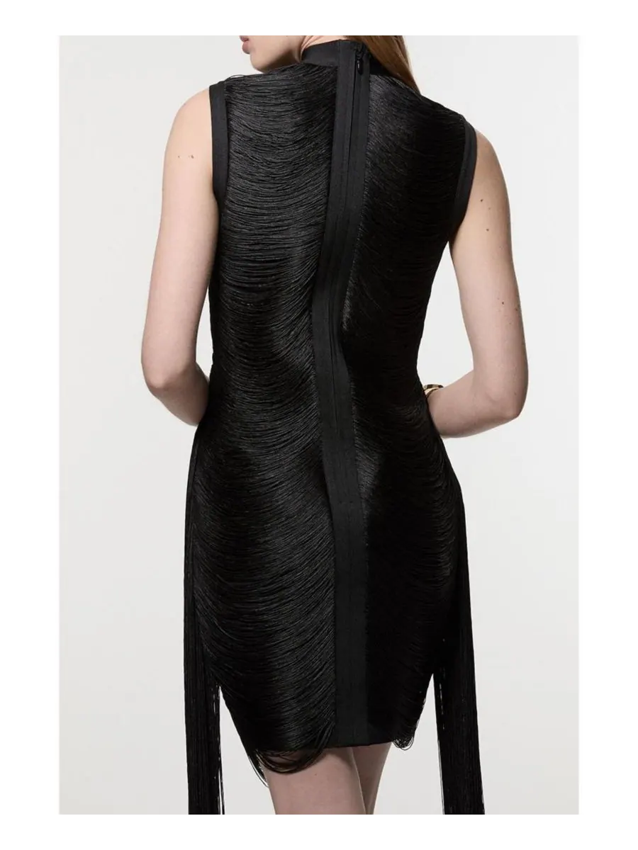 Женское вязаное мини-платье с бахромой Karen Millen — изображение 7 из 8, черный