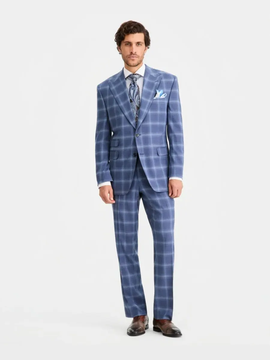 Tayion Collection Мужской классический костюм в синюю клетку, состоящий из двух частей: пиджака и — изображение 4 из 5