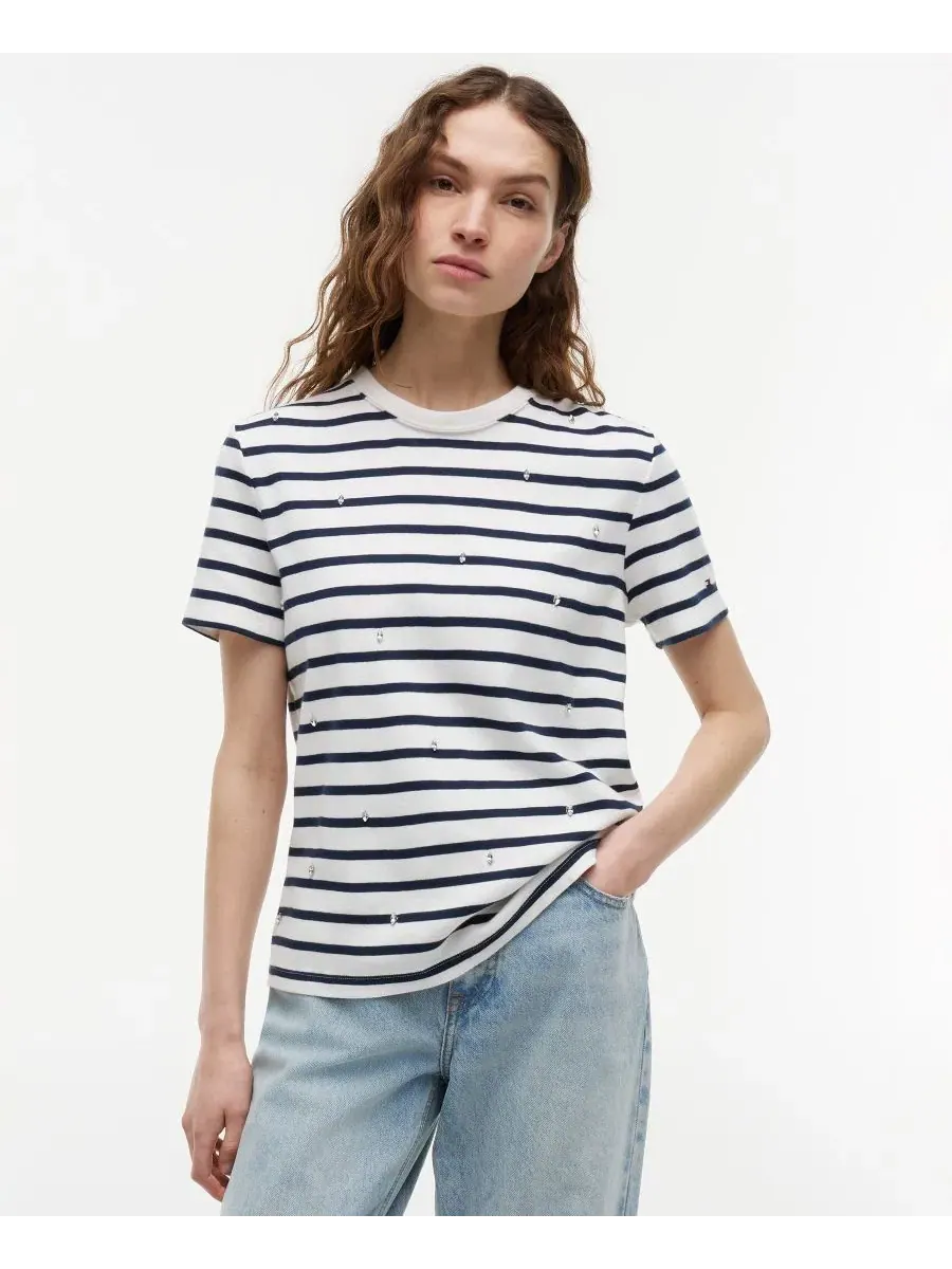 Женская ребристая футболка с круглым вырезом Tommy Hilfiger — изображение 1 из 4, темный темно-синий