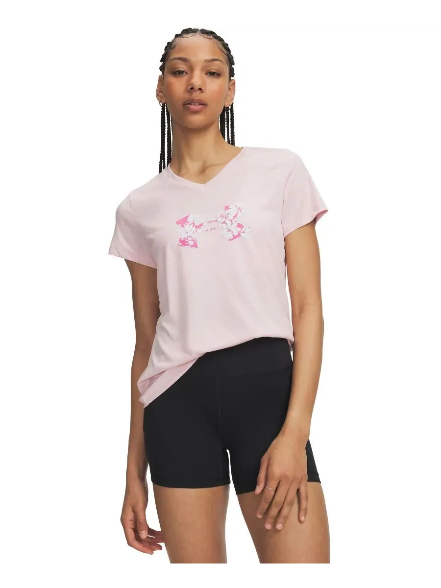 Женская футболка с v-образным вырезом и цветочным принтом, Tech Twist Under Armour — изображение 1 из 3, розовый