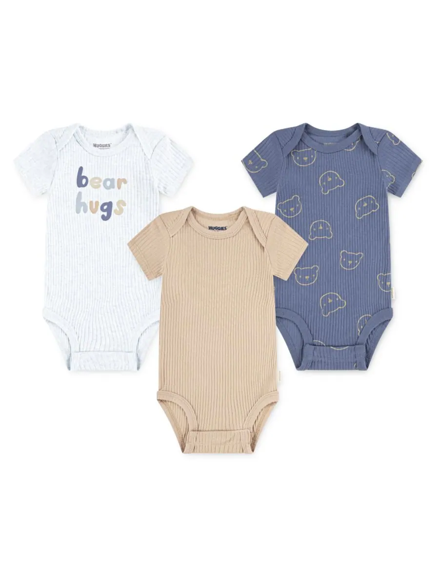 Комплект из 3 боди с короткими рукавами для мальчиков Huggies — изображение 2 из 10, белый/синий/бежевый