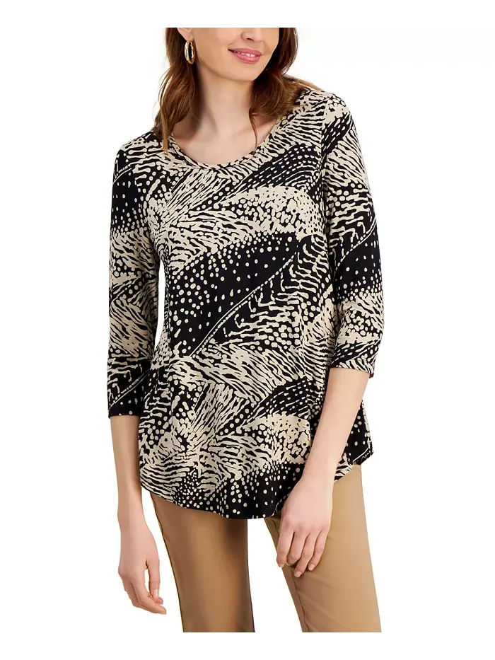 Женский топ с принтом и круглым вырезом, с рукавом 3/4 JM Collection — изображение 1 из 3