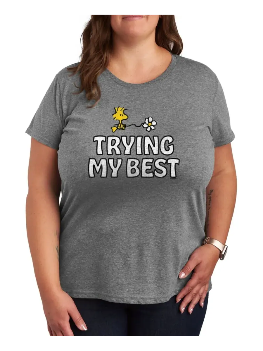 Футболка с графическим принтом "Peanuts Plus Size Trying My Best Woodstock" Hybrid Apparel — изображение 1 из 3, серый