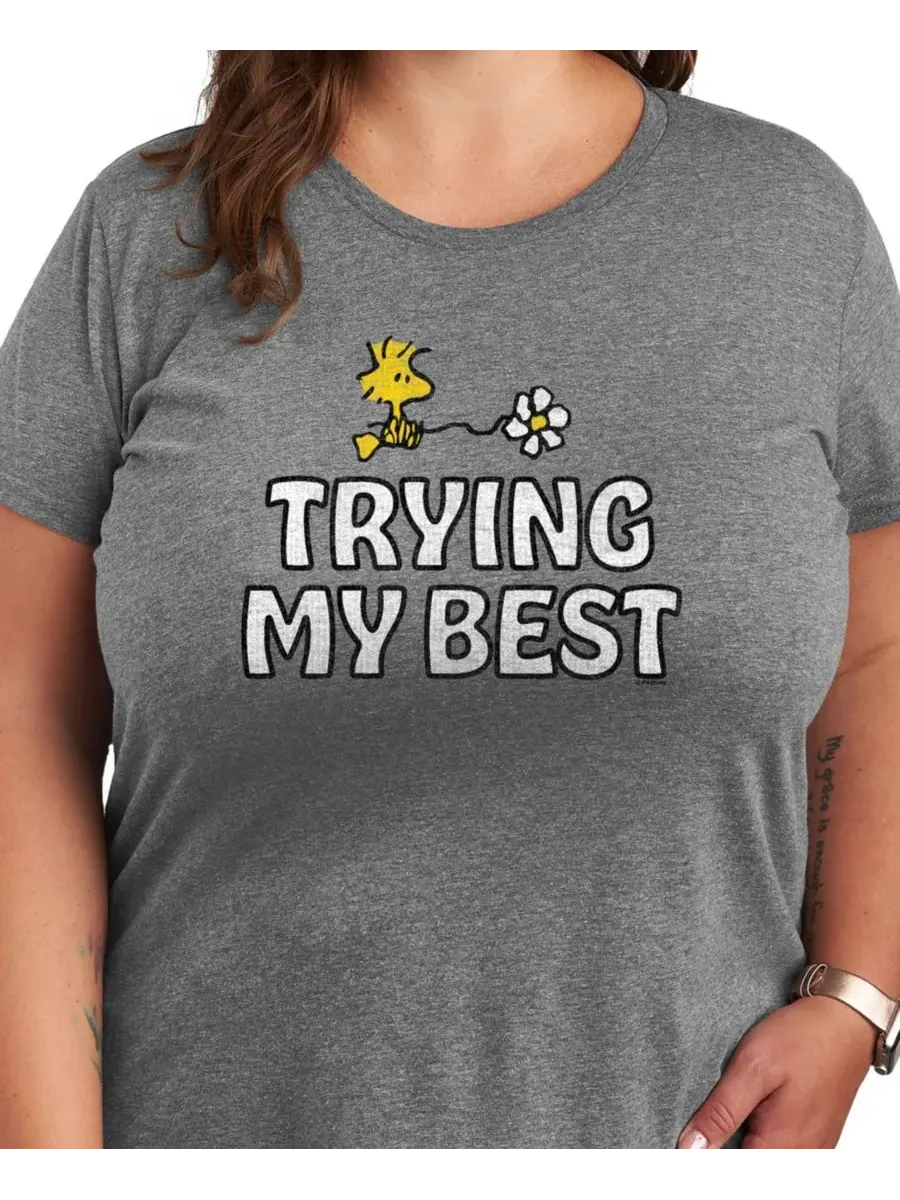 Футболка с графическим принтом "Peanuts Plus Size Trying My Best Woodstock" Hybrid Apparel — изображение 3 из 3, серый