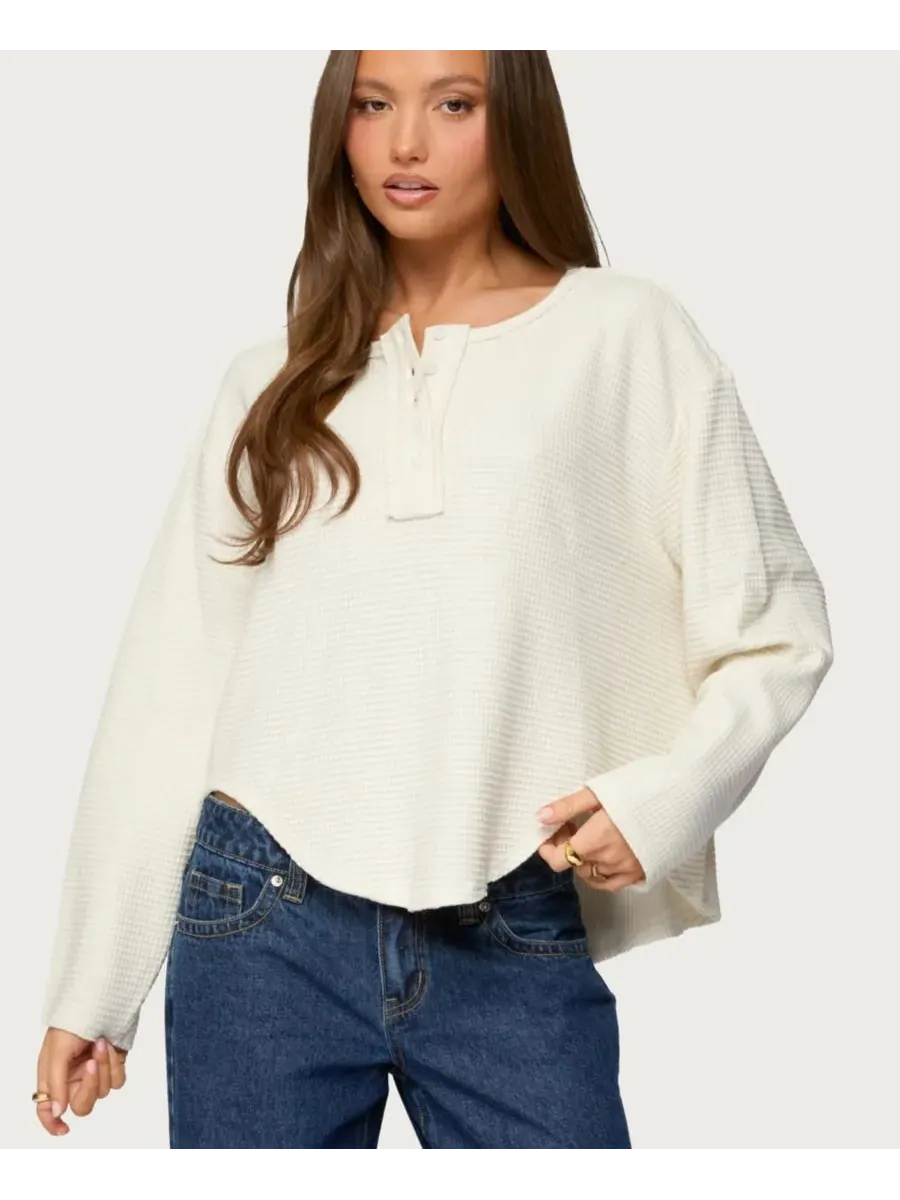 Женская футболка-поло Alisia Oversized Waffle Henley Top Edikted — изображение 1 из 5, бежевый