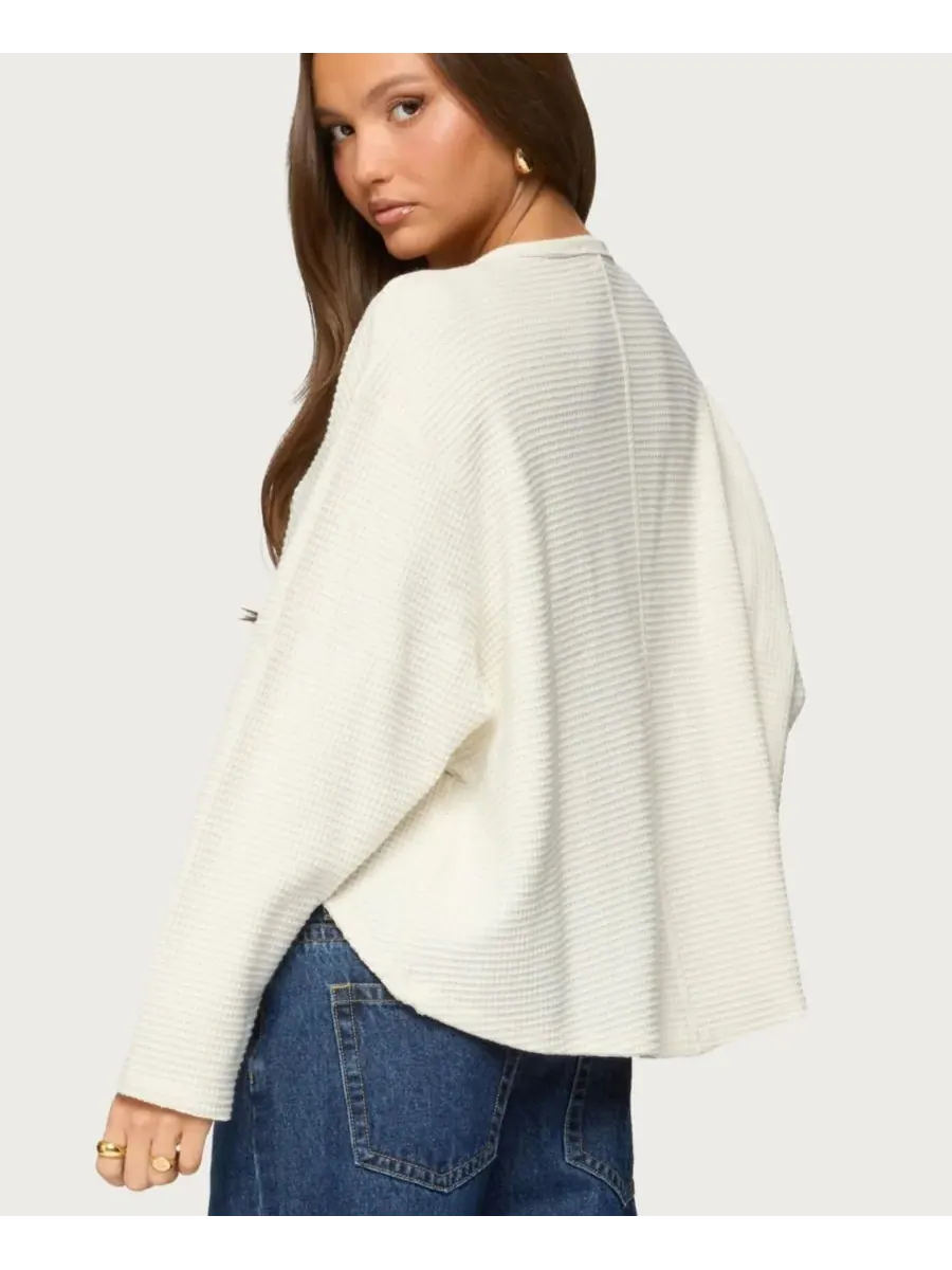Женская футболка-поло Alisia Oversized Waffle Henley Top Edikted — изображение 2 из 5, бежевый