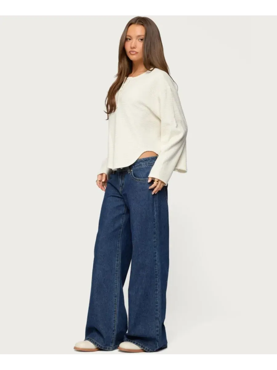 Женская футболка-поло Alisia Oversized Waffle Henley Top Edikted — изображение 3 из 5, бежевый