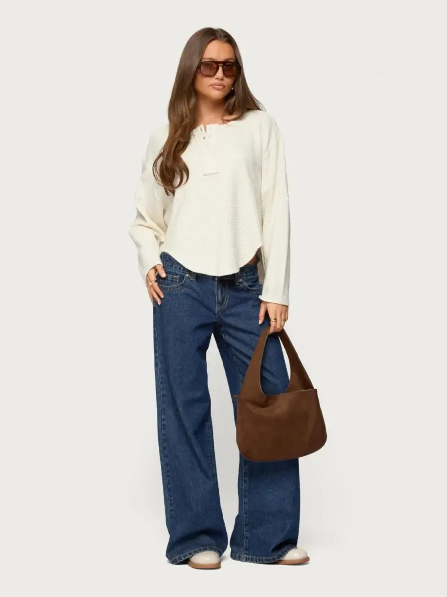 Женская футболка-поло Alisia Oversized Waffle Henley Top Edikted — изображение 4 из 5, бежевый