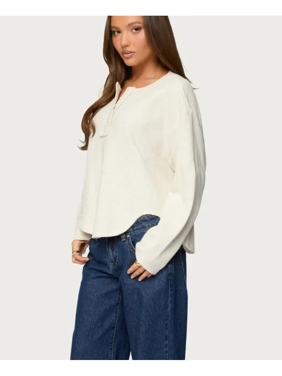 Женская футболка-поло Alisia Oversized Waffle Henley Top Edikted — изображение 5 из 5, бежевый