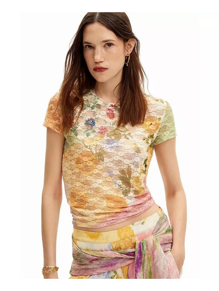 Женская кружевная футболка с цветочным узором Desigual — изображение 2 из 5, мульти