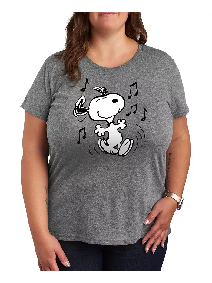 Футболка размера плюс с круглым вырезом и принтом музыки и танца «Peanuts Snoopy» Hybrid Apparel — изображение 1 из 3, серый