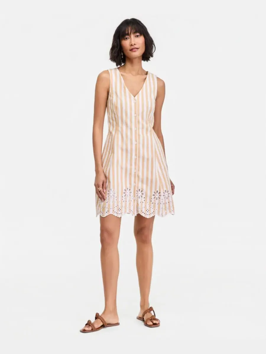 Платье мини с вышивкой и пуговицами, модель Striped Linen Blend Embroidered Button-Front Mini Dress