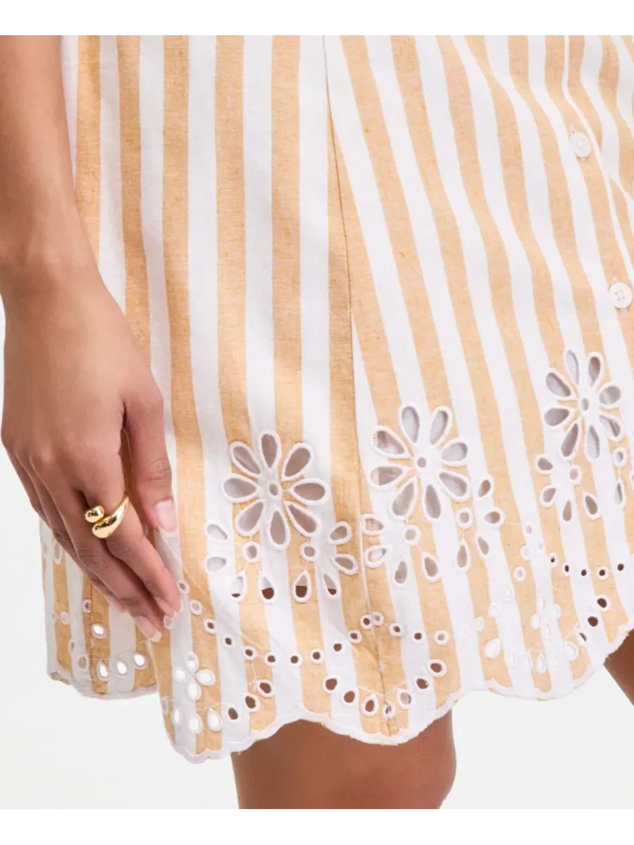 Платье мини с вышивкой и пуговицами, модель Striped Linen Blend Embroidered Button-Front Mini Dress — изображение 2 из 7