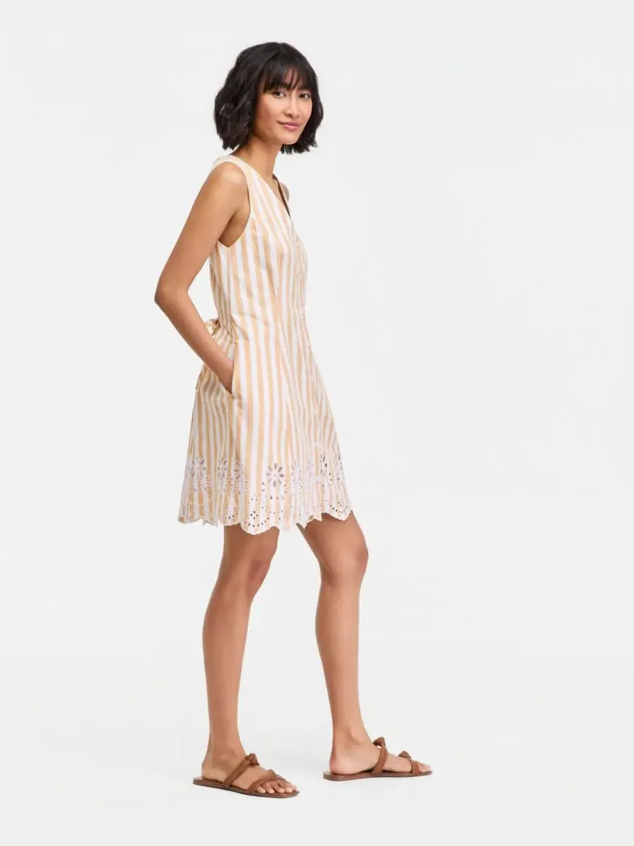 Платье мини с вышивкой и пуговицами, модель Striped Linen Blend Embroidered Button-Front Mini Dress — изображение 4 из 7