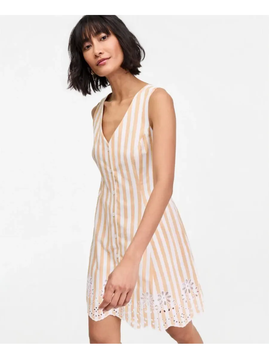 Платье мини с вышивкой и пуговицами, модель Striped Linen Blend Embroidered Button-Front Mini Dress — изображение 5 из 7
