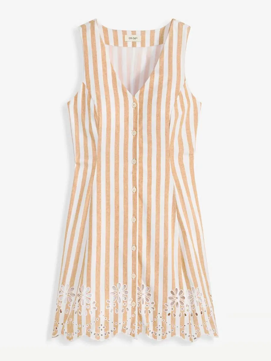 Платье мини с вышивкой и пуговицами, модель Striped Linen Blend Embroidered Button-Front Mini Dress — изображение 6 из 7