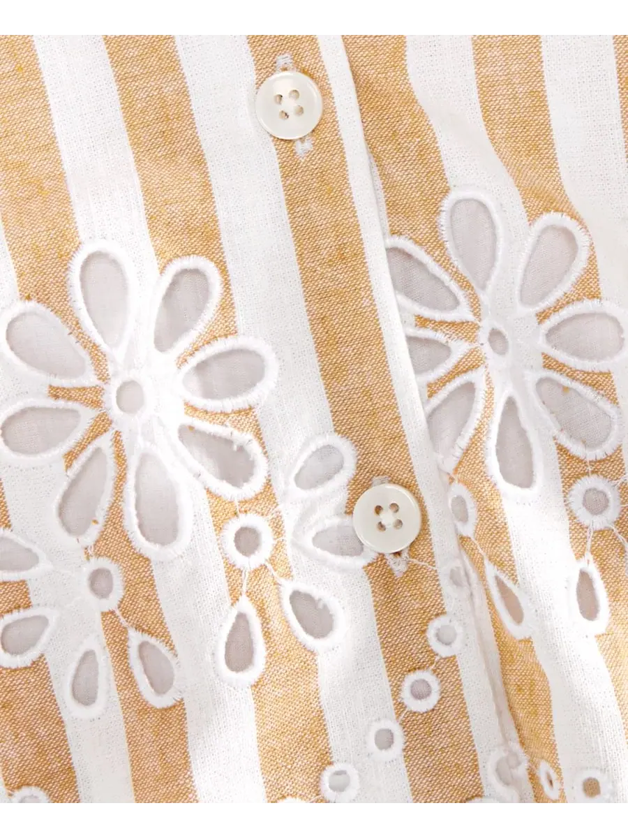 Платье мини с вышивкой и пуговицами, модель Striped Linen Blend Embroidered Button-Front Mini Dress — изображение 7 из 7
