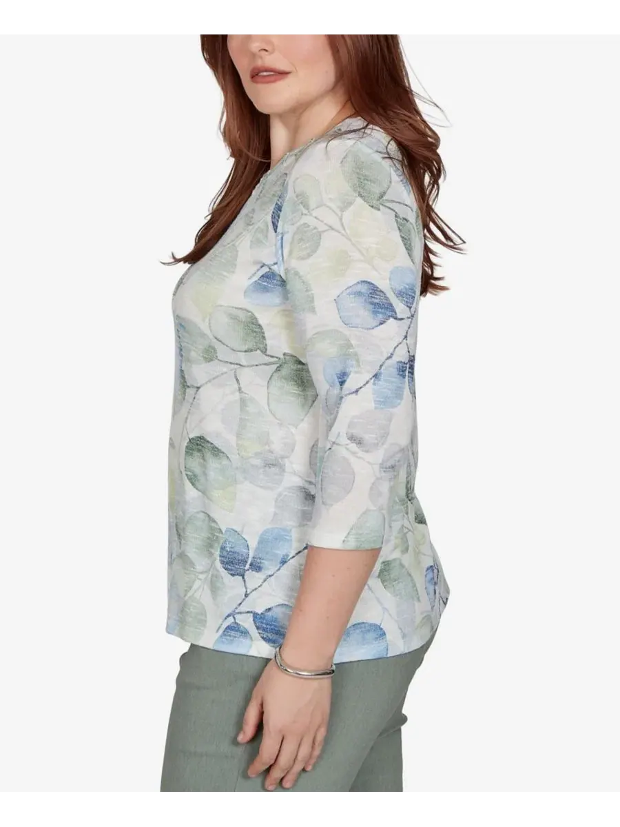 Блуза с принтом и рукавом 3/4 Provence Watercolor Leaf Print Alfred Dunner — изображение 3 из 6, синий мульти
