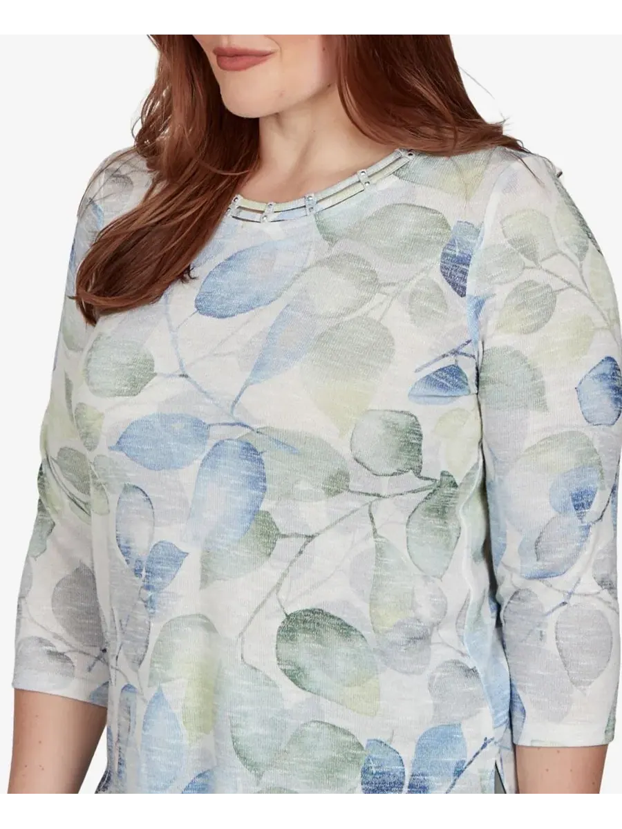Блуза с принтом и рукавом 3/4 Provence Watercolor Leaf Print Alfred Dunner — изображение 4 из 6, синий мульти