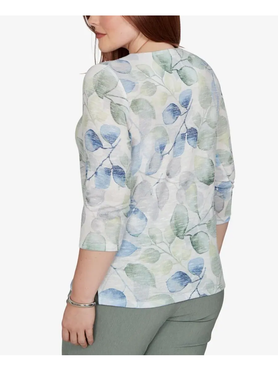 Блуза с принтом и рукавом 3/4 Provence Watercolor Leaf Print Alfred Dunner — изображение 5 из 6, синий мульти