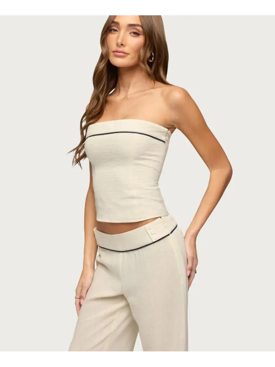Топ без бретелек с контрастной тканью Dorine Contrast Woven Edikted — изображение 4 из 5, бежевый
