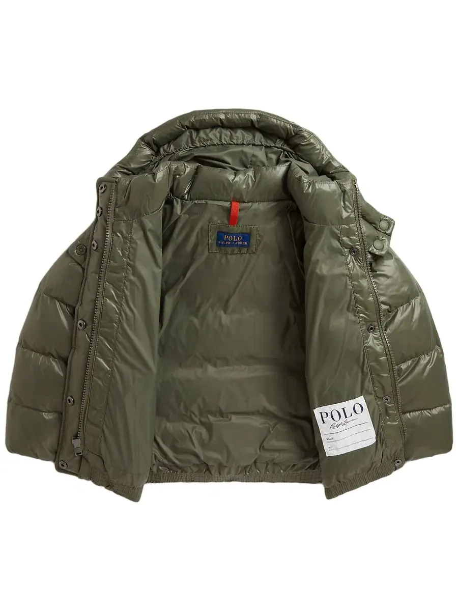 Детская блестящая куртка с капюшоном с наполнителем из утиного пуха Polo Ralph Lauren — изображение 3 из 4, оливковый