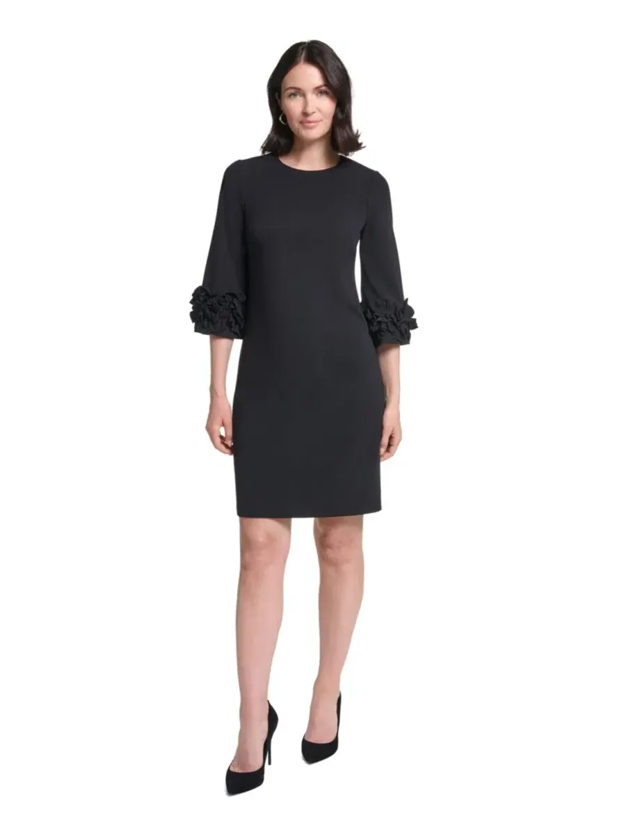 Платье-футляр с рюшами на рукавах, с округлым вырезом, модель Petite Ruffle-Sleeve Jewel Neck Dress — изображение 1 из 5