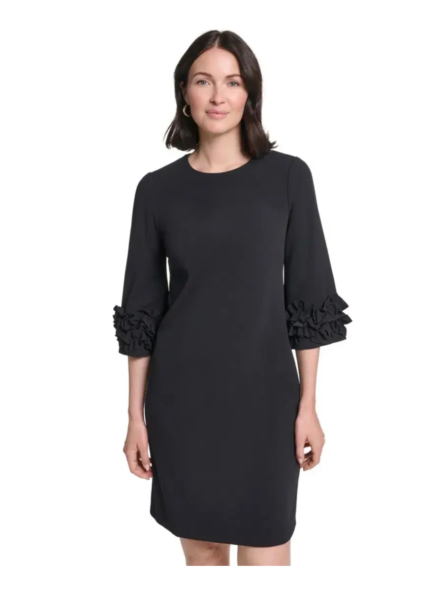 Платье-футляр с рюшами на рукавах, с округлым вырезом, модель Petite Ruffle-Sleeve Jewel Neck Dress — изображение 2 из 5