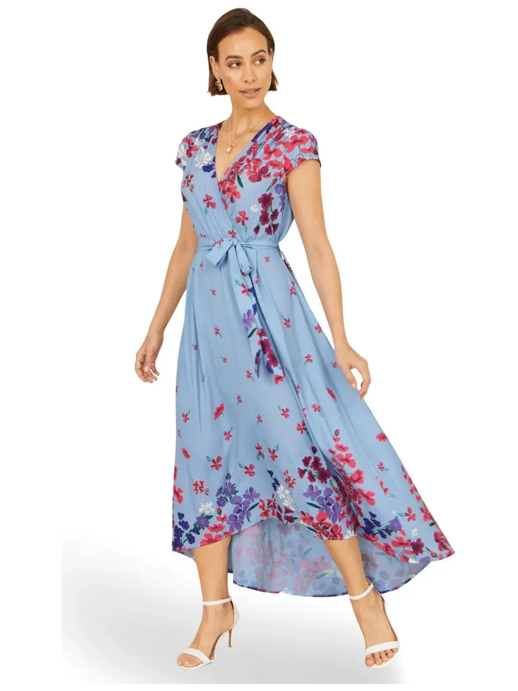 Платье-миди с запахом и принтом Floral Mirror Dip Hem Yumi — изображение 1 из 4, синий