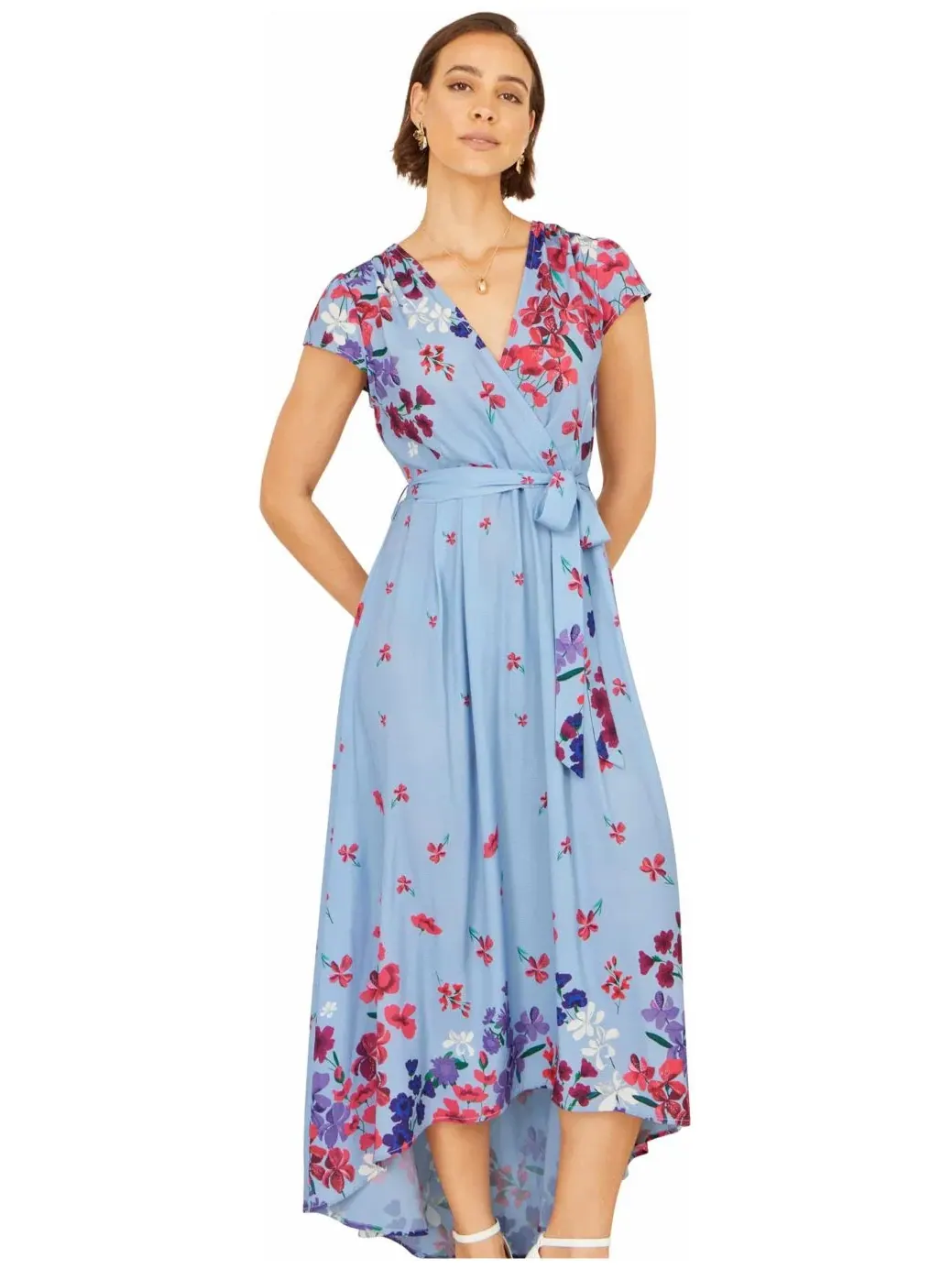 Платье-миди с запахом и принтом Floral Mirror Dip Hem Yumi — изображение 3 из 4, синий