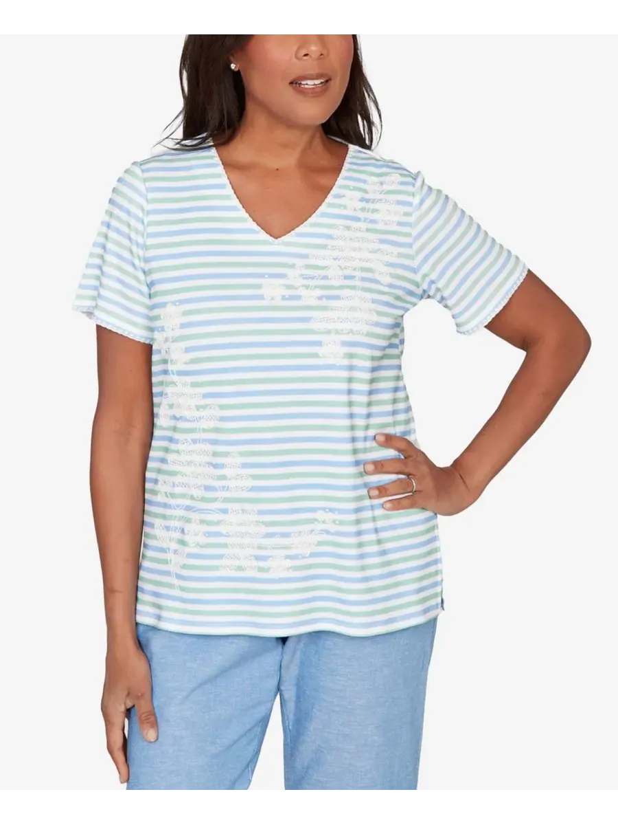 Футболка с V-образным вырезом и принтом Highlight Flower Striped Petite Caribbean Blues Alfred — изображение 1 из 5