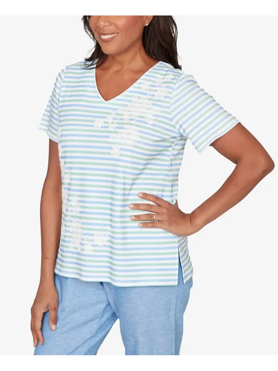 Футболка с V-образным вырезом и принтом Highlight Flower Striped Petite Caribbean Blues Alfred — изображение 2 из 5
