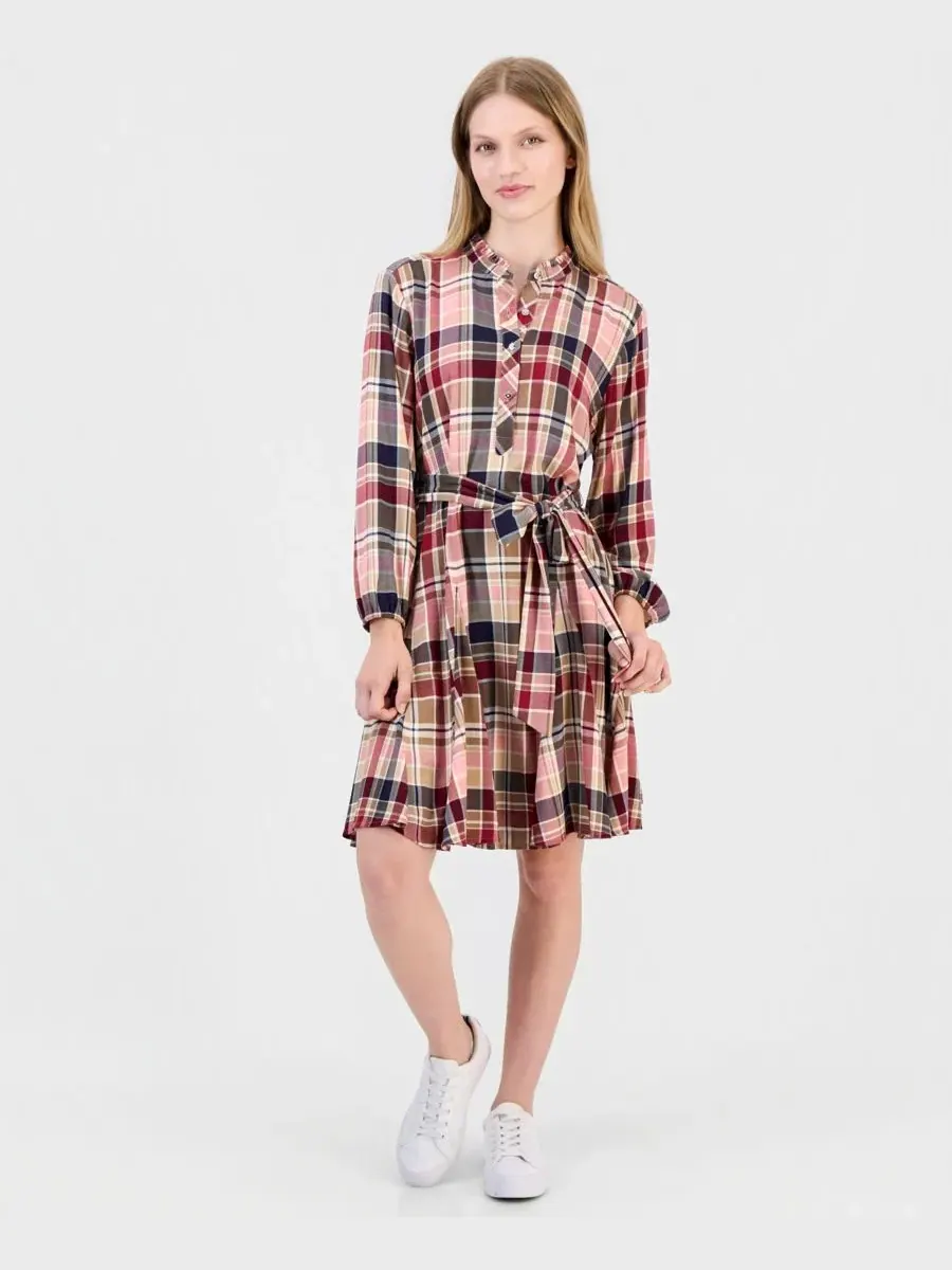Платье-рубашка с рюшами и длинным рукавом, Plaid Ruffled-Neckline Long-Sleeve Shirtdress Nautica