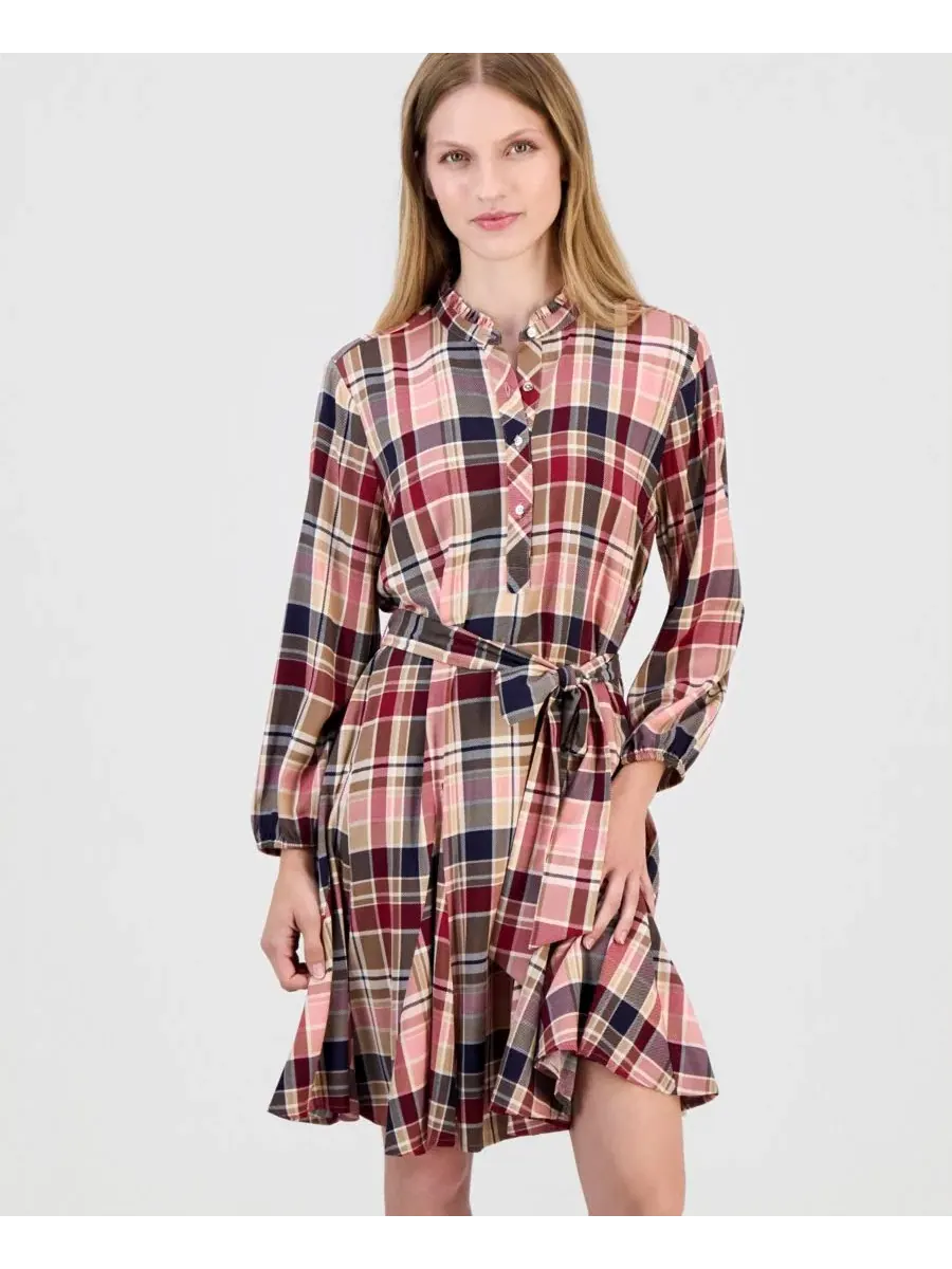 Платье-рубашка с рюшами и длинным рукавом, Plaid Ruffled-Neckline Long-Sleeve Shirtdress Nautica — изображение 2 из 5