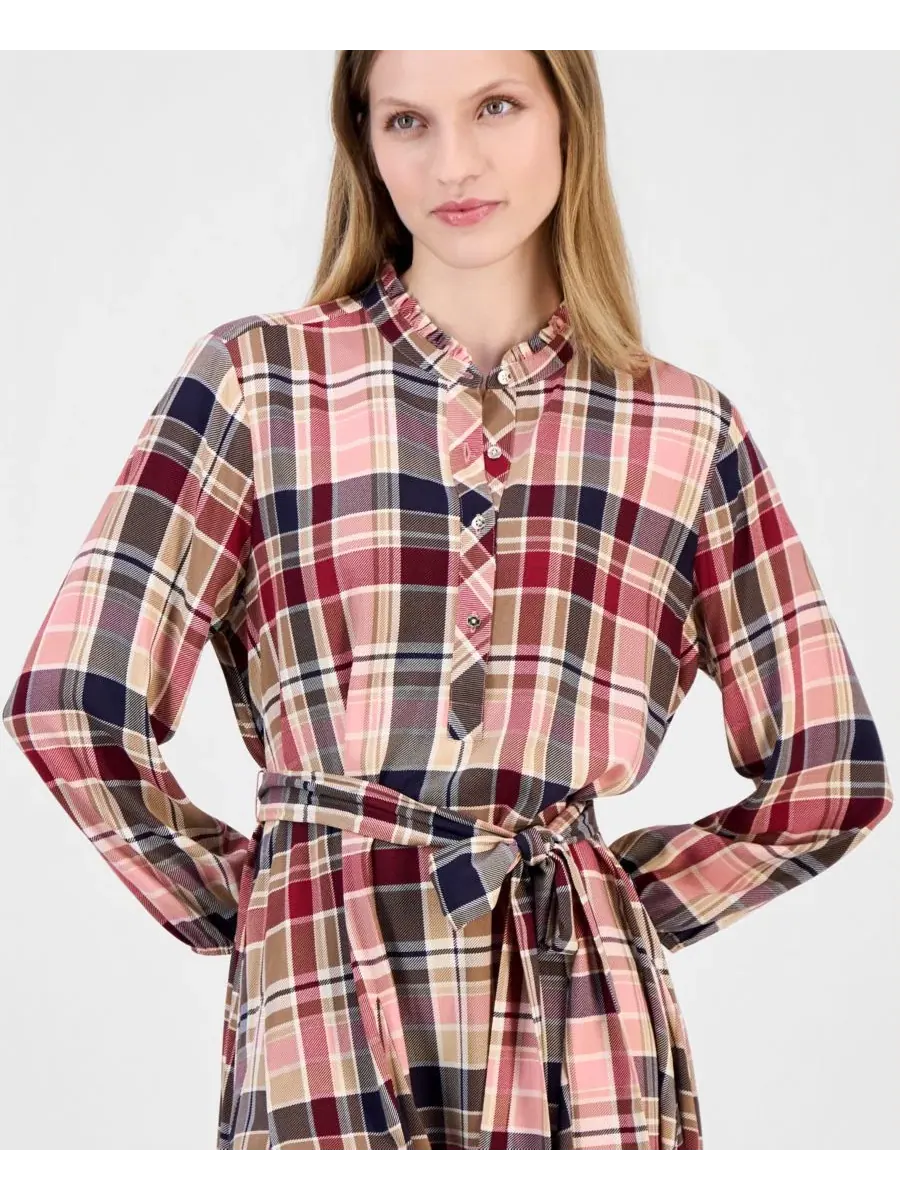 Платье-рубашка с рюшами и длинным рукавом, Plaid Ruffled-Neckline Long-Sleeve Shirtdress Nautica — изображение 4 из 5